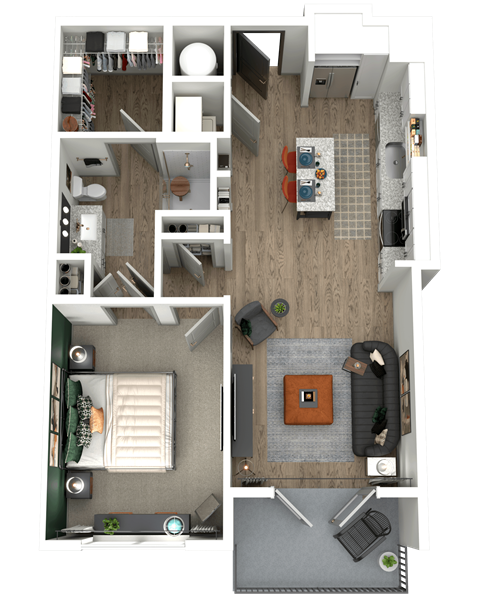 Floor plan for 1 bed, 1 bath, 740 sqft